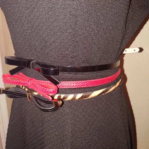 White House Black Market 3 Thin Textured Waist Belts Bows Black Red Animal Print - Picture 13 of 16